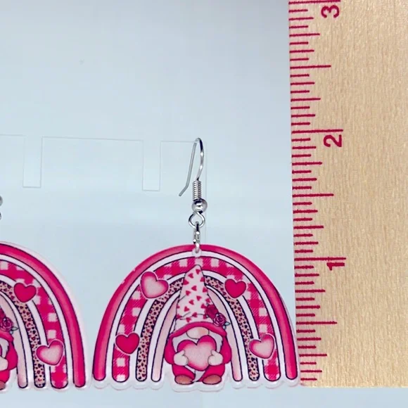 Pink Acrylic Gnome Rainbow Dangle Earrings Fashion Jewelry - Picture 4 of 4